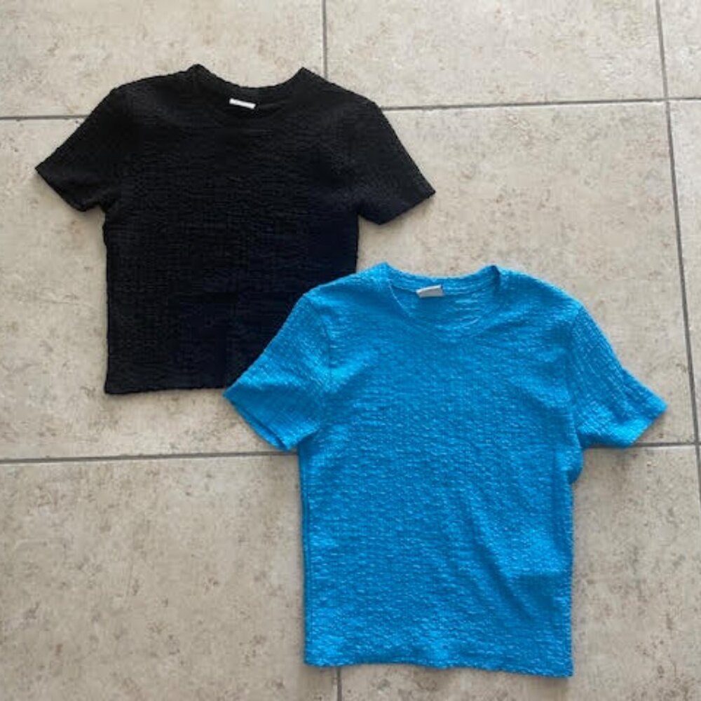 A&F 2x Textured Baby Tee XS S Black Blue Crinkle T-Shirt Top BNWOT NEW